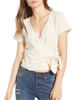 Madewell Texture & Thread Ivory Wrap Tie-Front Short Sleeve Top
